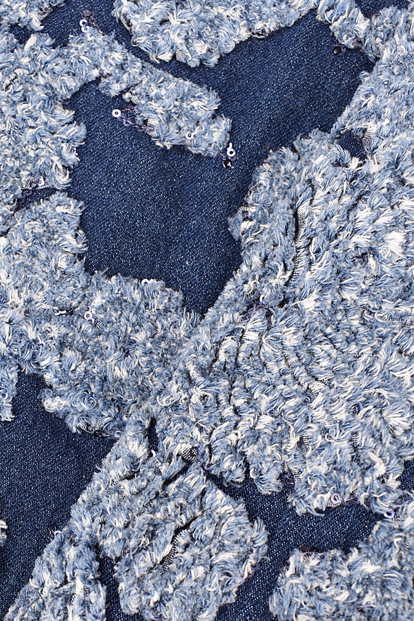 100% Cotton Denim with Chenille embroidery and sequins